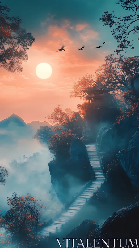 Sunlit mountain path winding toward a misty hilltop temple.