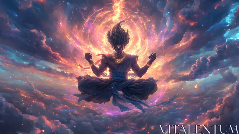 Radiant sky warrior meditates in swirling cosmic light