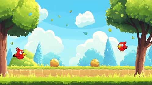 Digitally Rendered Isometric Game Environment with Anthropomorphic Red Birds