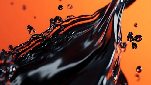 Dynamic Splash of Black Liquid on Vibrant Orange Background.