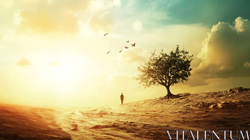 Solitary figure walks toward horizon under radiant desert sky