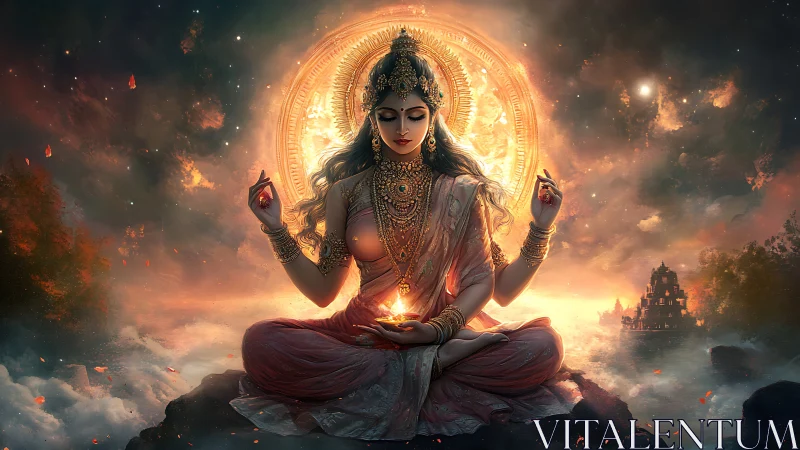 Divine female deity meditating before radiant celestial halo disk