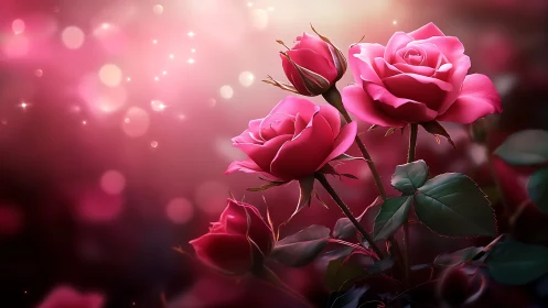 Pink roses with bokeh background and light particles.