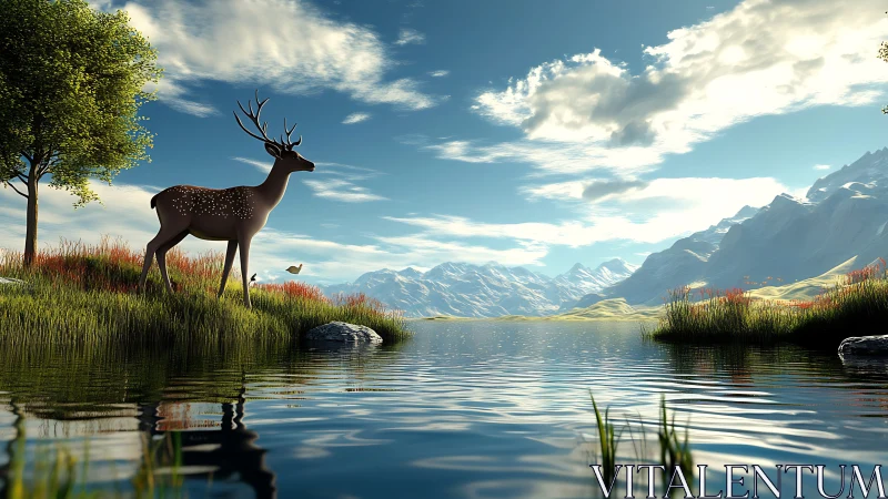 3D alpine lakeside vista with stag and reflective water surface.