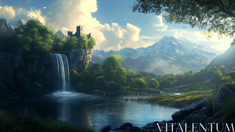 Sunlit waterfall castle rests quietly beneath snowy peaks