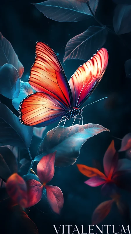Luminous crimson butterfly dreaming over neon moonlit leaves.