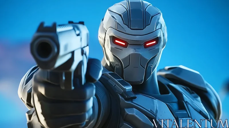 Stoic cyber soldier aims forward with glowing red focus.