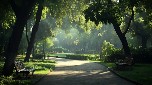 Sunlit park pathway with benches and dense green trees
