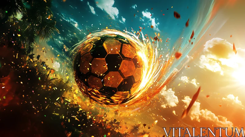 Plasma-ignited football traversing turbulent sunset sky field.