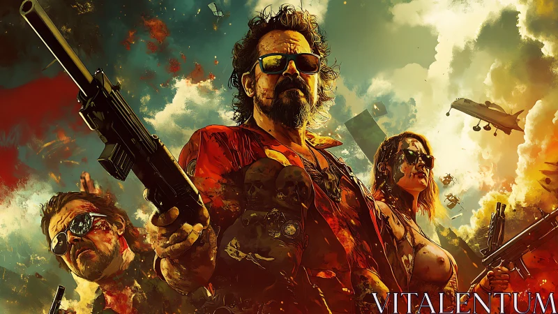 Armed trio in explosive battlefield chaos confront viewer directly