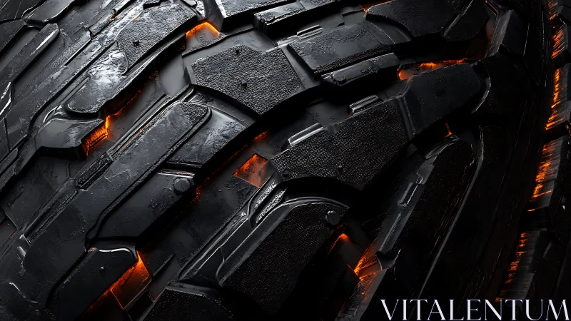 Molten-lit tire tread forms a rugged, futuristic surface.