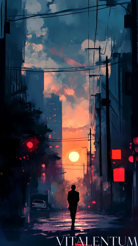 Silhouette walks down moody city street at vivid sunset