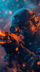 Soldier aims rifle in close-up view with intense bokeh lighting