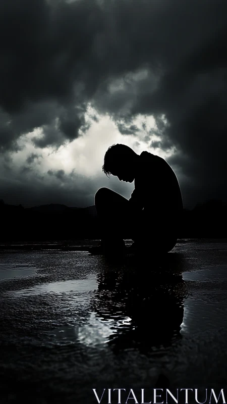 Silhouette of solitary figure under storm clouds at dusk.