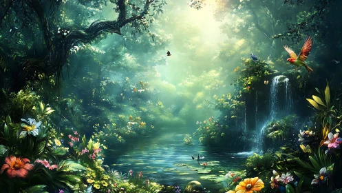 Emerald forest lagoon where jeweled birds guard quiet waterfalls.