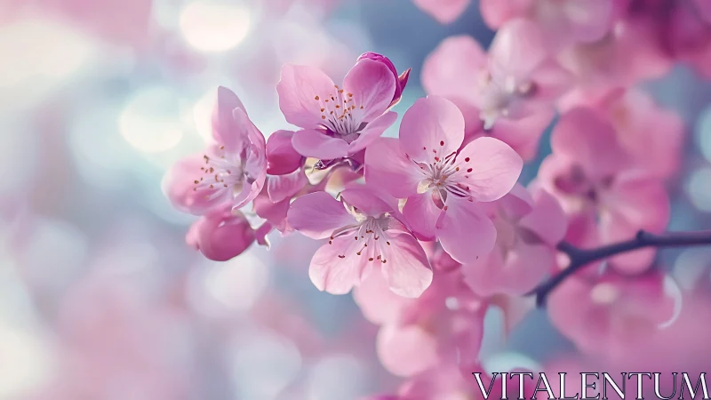 Soft pink cherry blossoms glow gently in dreamy spring light
