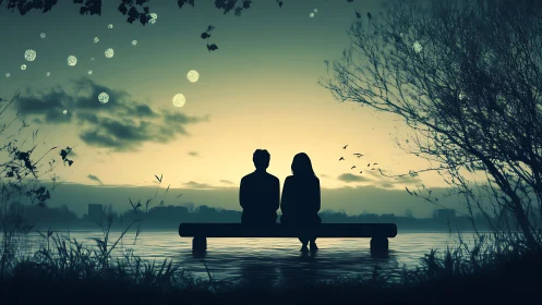 Two figures seated on submerged bench at water's edge during twilight