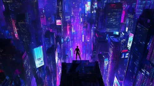 Cyberpunk neon skyline with silhouetted rooftop observer perspective.