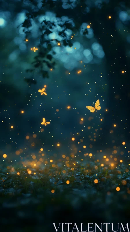 Glowing fireflies and butterflies dance in a twilight forest.