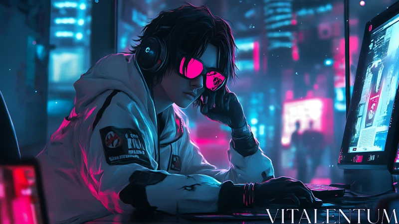 Cyberpunk gamer absorbs neon-drenched city glow at screen.