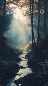 Misty Forest Stream: Autumn Light Through Towering Pines.