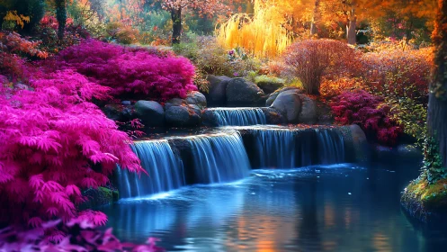 Digital landscape shows multilevel waterfall in dense foliage