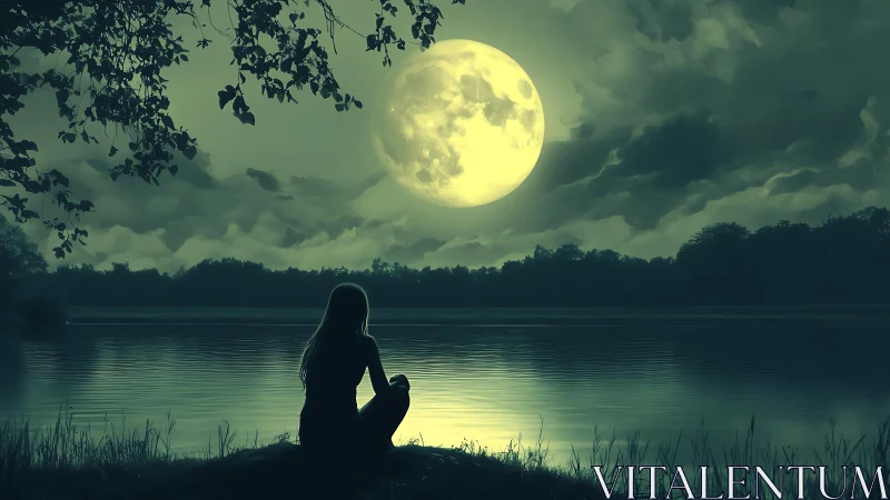 Silhouette of seated figure by lake under large full moon