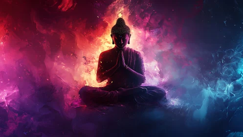 Serene meditating figure rests between fire and calm light