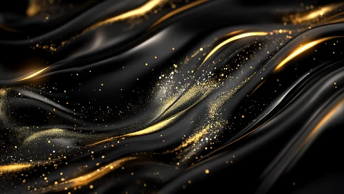 Luxurious Abstract Black Waves with Gold Glitter Accents.