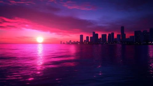 Neon dusk skyline over reflective waterfront in digital painting.