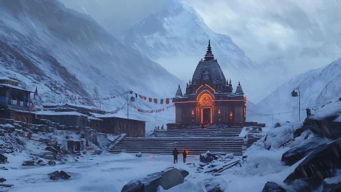 Mountain temple complex in winter alpine valley at dusk.
