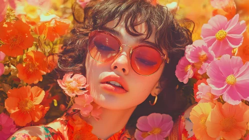 Woman with tinted sunglasses surrounded by vivid flowers.