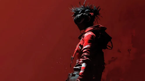 Solitary urban scout in crimson hooded gear.