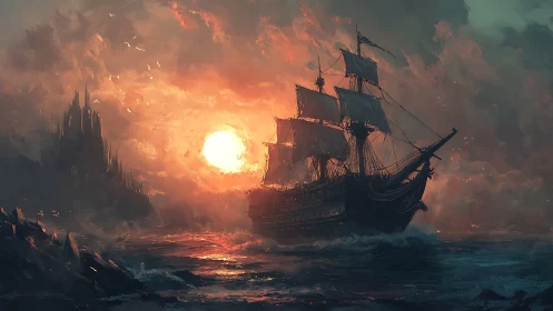 Sunlit sailing ship drifting toward a misty, distant shore.