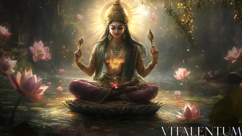 Golden lotus goddess in a luminous forest of tranquil waters.