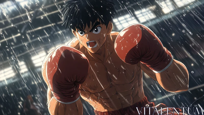 Determined Boxer in Rain. Athletic Combat Sport Portrait.