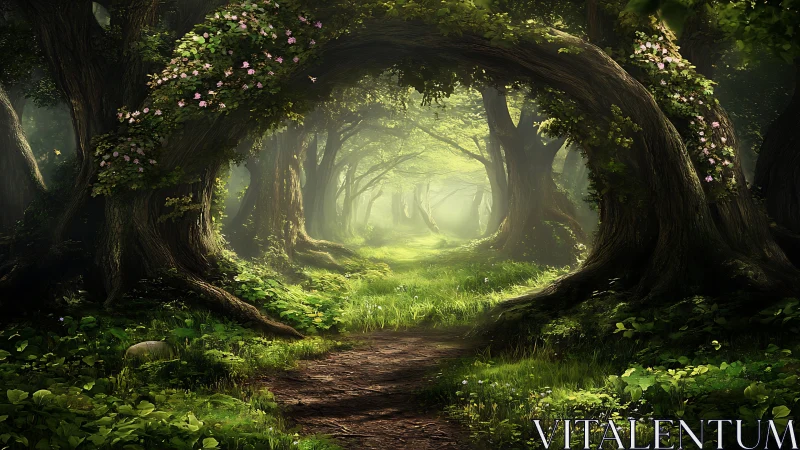 Enchanted Forest Tunnel Through Ancient Trees.