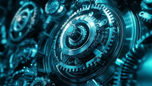 Futuristic metallic gear mechanism in teal industrial glow.