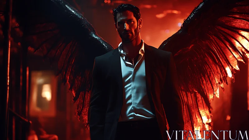 Demonic winged figure in suit strides through cinematic firelight