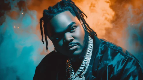 Moody rap monarch in teal and ember smoke glow portrait.