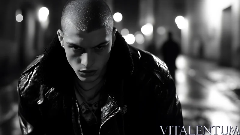 Moody street portrait in high contrast monochrome alleyway night
