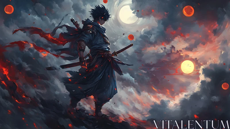 Storm-scarred ronin walking twin suns in burning clouds.