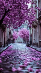 Cobbled street lies under dense canopy of pink blossom