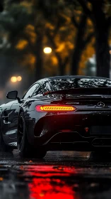 Rear view shows parked black coupe on wet city street