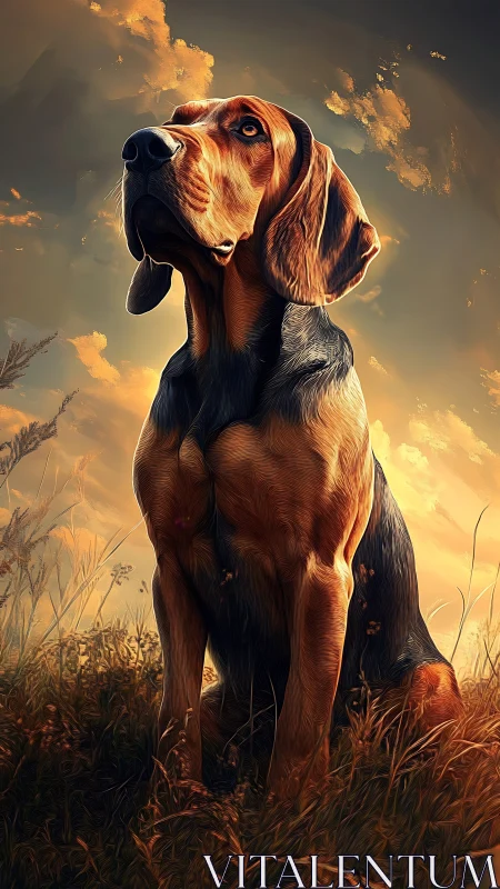 Gentle hound bathed in golden sunset fields of calm.