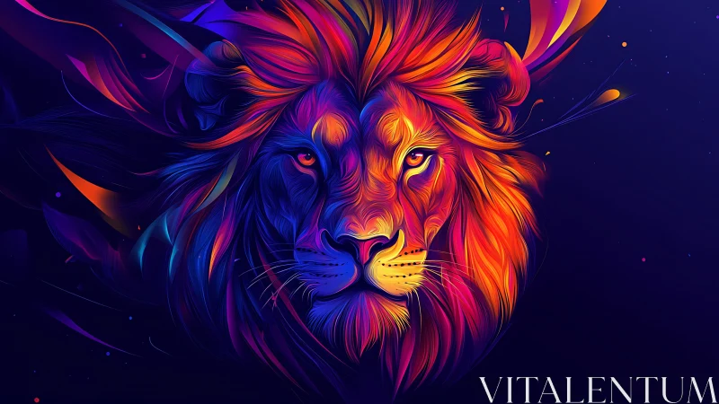 Multicolor lion head illustration on dark abstract background.
