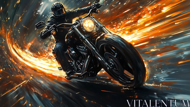 Motorcycle rider carves through blazing streaks of fire.