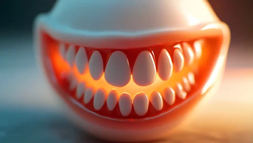Glowing stylized mouth sculpture with surreal teeth display.