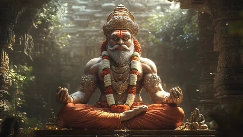Monumental sage deity meditating in ornate stone temple courtyard