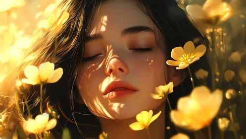 Girl with closed eyes in golden yellow flower field.